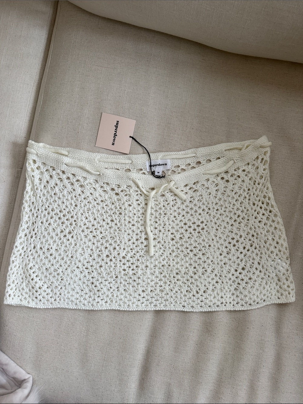 superdown Crochet Drawstring Mini Skirt in Cream